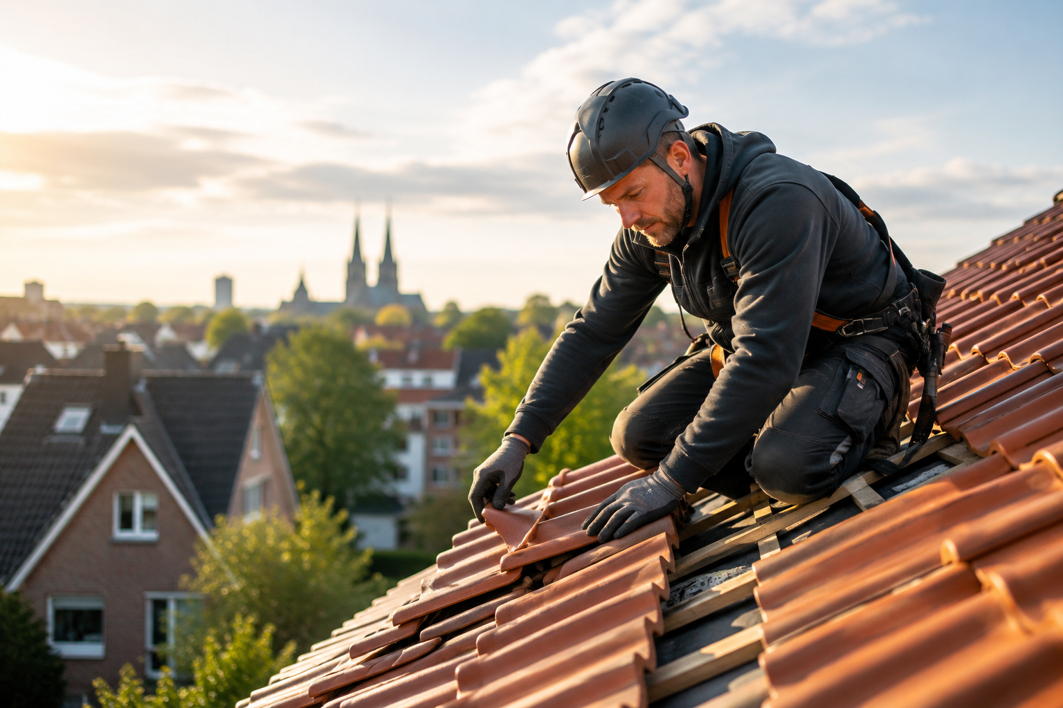 Dachdeckerarbeiten an einem Wohnhausdach
