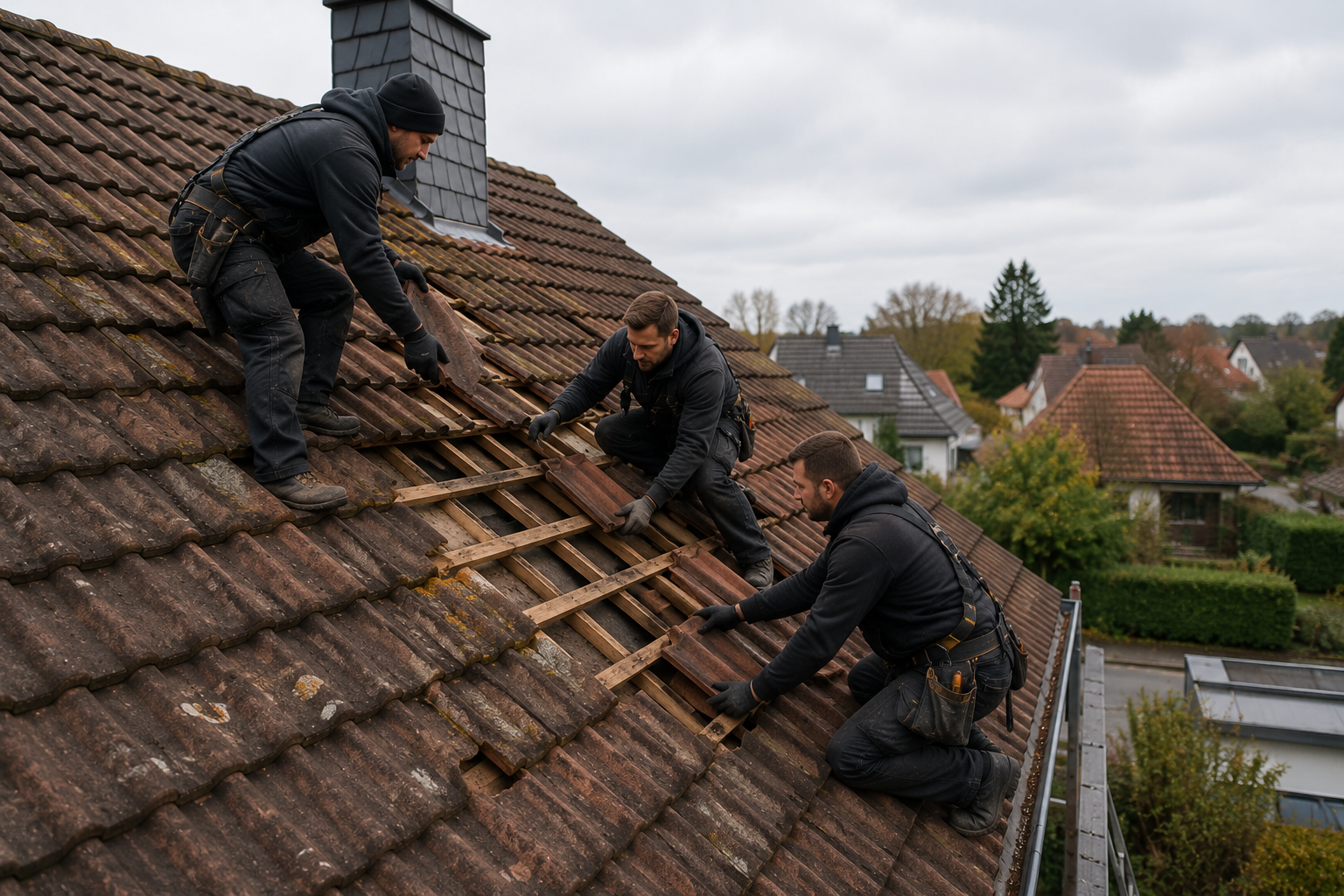 Dachschaden nach Sturm zur Reparatur vorbereitet