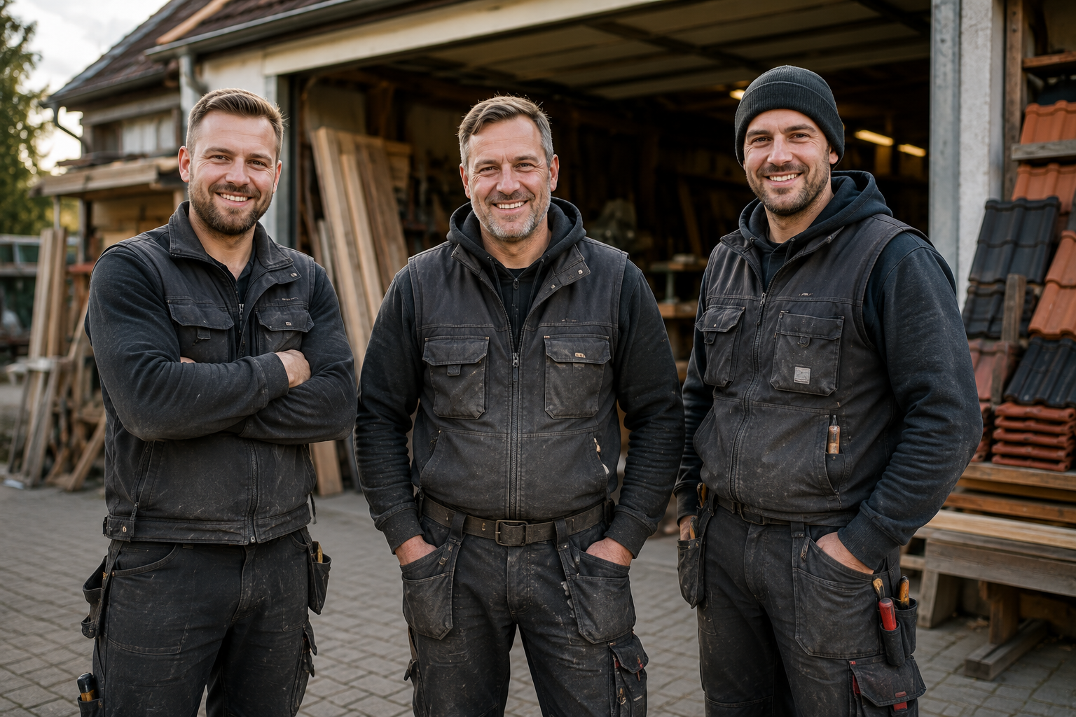 Handwerksteam in Werkstatt und Holzbauumfeld