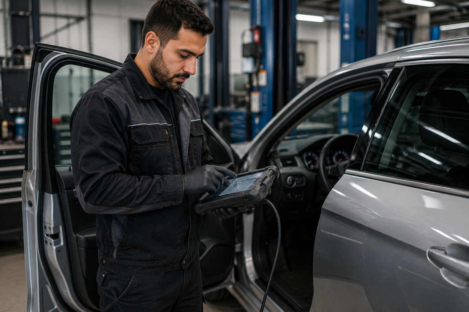 Diagnosebereich mit Prüftechnik am Fahrzeug